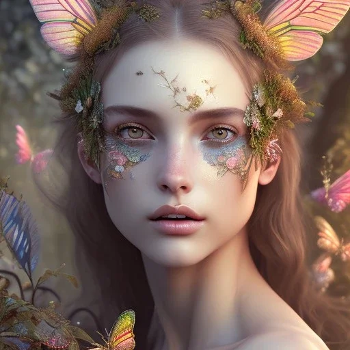 perfect woman, plant metal, feathers, Dryad, butterflies, nature, plants, flower background, face paint, intricate, oil on canvas, masterpiece, expert, insanely detailed, 4k resolution, cinematic smooth, intricate detail, soft smooth lighting, rembrandt style