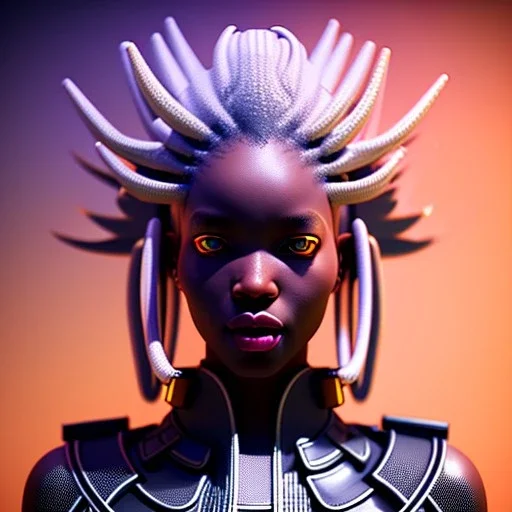 African Woman, white hair, samurai, cyberpunk, neon, highly detailed, art stations, concept art, smooth, unreal engine 5, god rays, ray tracing, RTX, lumen lighting, ultra detail, volumetric lighting, 3d, finely drawn, high definition, high resolution, gradient background