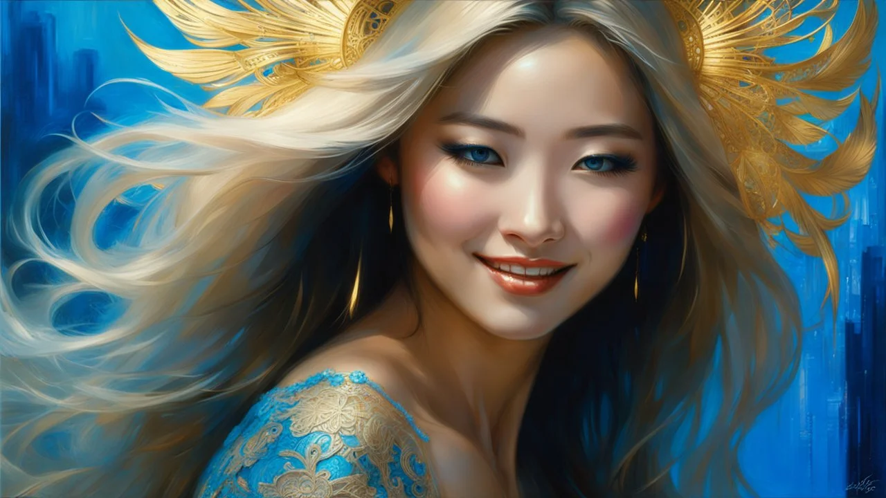 In Casey Baugh's evocative style, art of a gorgeous smiling asian goddess full body with long blonde hair, blue eyes , beautiful chest and long legs, futuristic, transparent blue lace, elegant, highly detailed, majestic, Baugh's brushwork infuses the painting with a unique combination of realism and abstraction, greg rutkowski, surreal gold filigree, broken glass, (masterpiece, sidelighting, finely detailed beautiful eyes: 1.2), hdr, realistic painting, natural skin, textured skin,