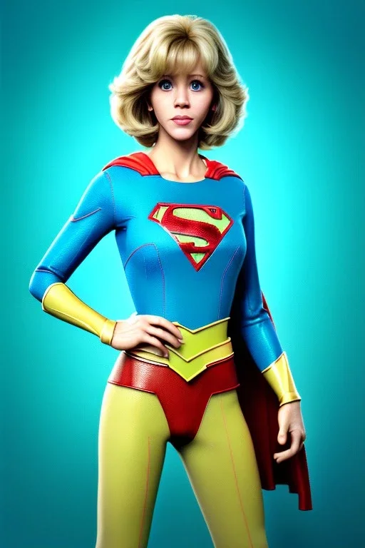 Waist up portrait, blonde, Jane Fonda, make-up, happy, Realistic image, retro pop, 60s, supergirl, tights minimal dress, sweat, Color background, photo studio, concept art, smooth, unreal engine 5, god lights, ray tracing, RTX, lumen lighting, ultra detail, volumetric lighting, 3d, finely drawn, high definition, 4k.