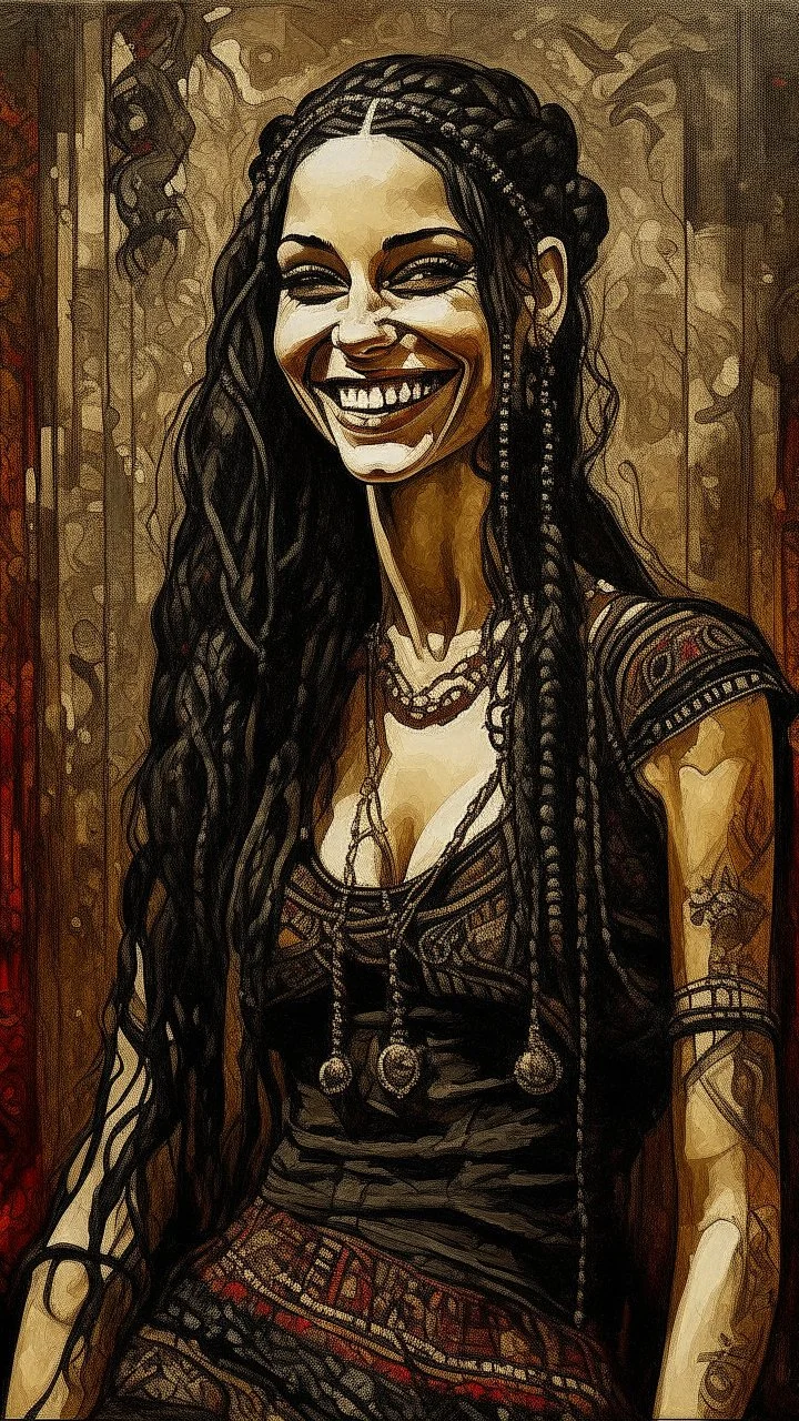 highly detailed, full body oil painting, petite, smiling, goth woman of Spanish and Lebanese heritage with long dark braided hair, sharply defined angular facial features, anatomic perfection, by Andrea Kowch> <Yoji Shinkawa><Arthur Rackham> <Jean-Giraud Moebius, saturated vibrant natural color tones, precisely drawn and inked, 8k resolution
