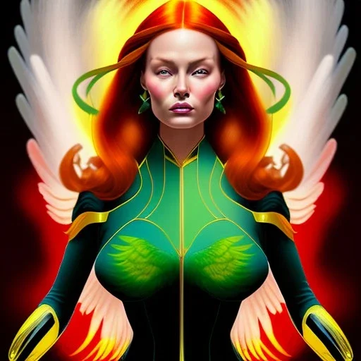 portrait of a beautiful busty Jean Grey with green eyes riding a phoenix by Sandro Botticelli style