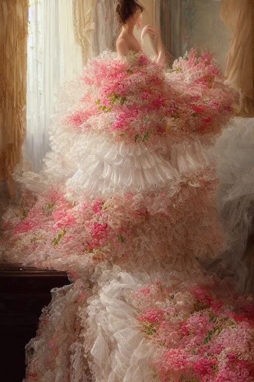 A beautiful romantic ruffled dress, decorated with beautiful embroidered flowers and lace, hanging on a hanger in a bedroom by the fireplace, in the light of the fireplace, Hyper realistic, oil on canvas award winning fantastic view ultra detailed acrylic art Ultra realistic Impressionism Surrealism simen johan, sharp focus intricate oil on canvas cinematic lighting photorealistic high detail ultra detailed crisp quality colourful