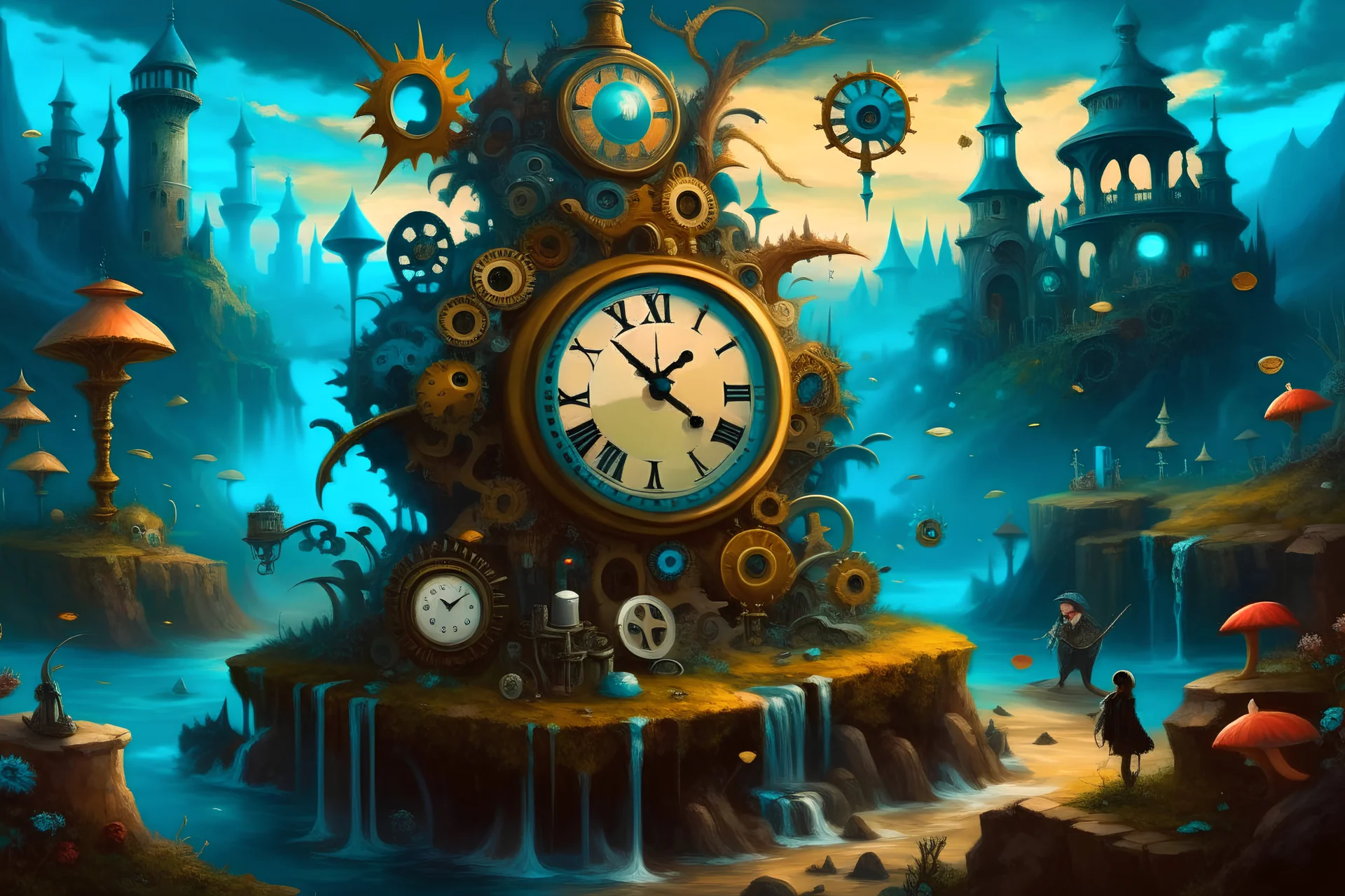 Clockwork Wonderland: Combine elements of Lewis Carroll's Wonderland with intricate clockwork mechanisms and surreal landscapes, exploring the concept of time. Brushstroke driven style of Impressionism with realistic subject matter