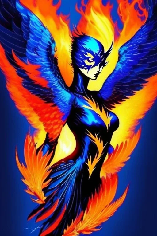 dark, blue phoenix, flaming wings, beautiful, smooth, flying, graceful