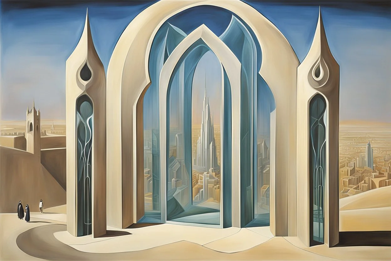 a surreal gothic_arab glass gate with a view of an old English city by artist "Zaha Hadid",by artist "Leonora Carrington"