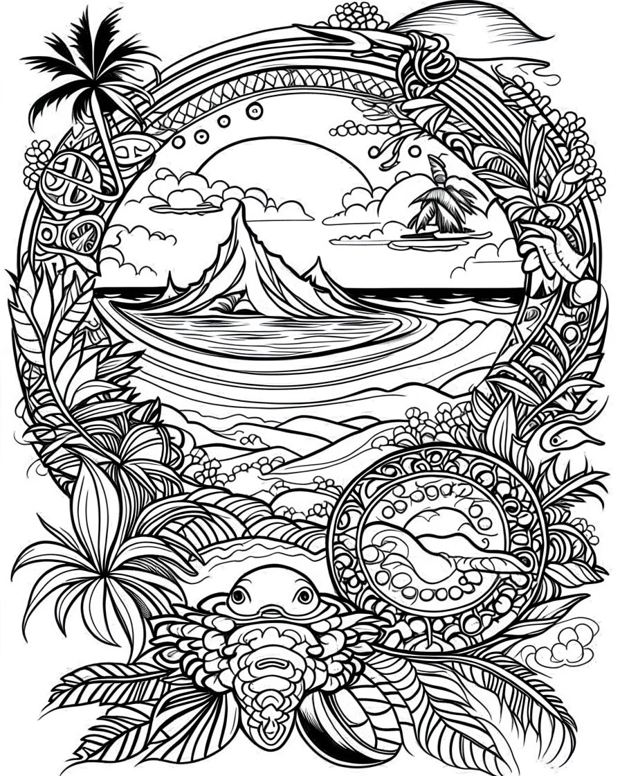 coloring pages for kids,Pacific island shaped logo Japanese ink painting, muted colors, including Dark black highlights to draw attention , rice paper texture, splashed paint, tropical beach, paradise, sea turtles, yellow sun, a Polynesian warrior , Art drawing ; ink , super detailed, text a the bottom “Tonga”, anime cartoon style, thick lines, low detail, black and white, no shading, --ar 85:110