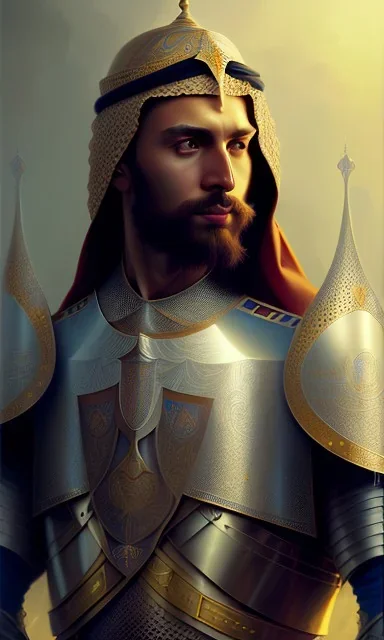 An Arab knight man , head and shoulders portrait, 8k resolution concept art portrait by Greg Rutkowski, Artgerm, WLOP, Alphonse Mucha dynamic lighting hyperdetailed intricately detailed