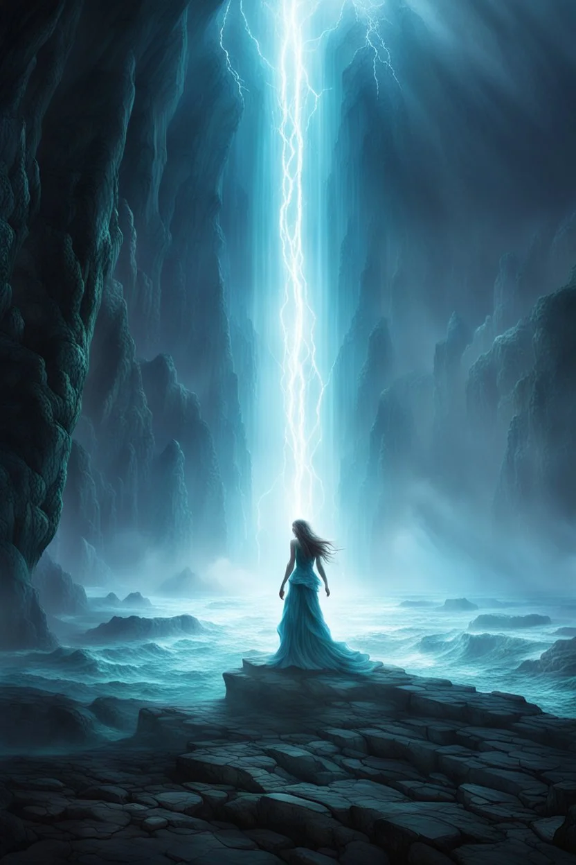 Figure back with etheral aura around, traversing a cleft within the ocean waters cascading by towering sea walls to each side, ambient glow, fantasy lands, cast light defining the rugged textures of the cracked ground, ethereal mystic atmosphere, ultra clear, high detalied, high realistic, perfect sharp focus, hd, perfect photo