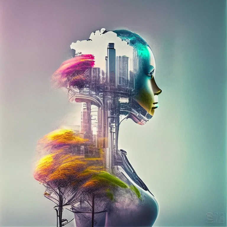 smoke, smog, city scape with pollution, double exposure photography, colourful nature, clean sharp focus, on white background