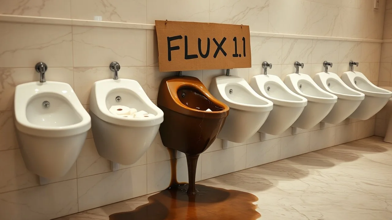 row of fine white porcelain urinals lined up on a wall in a nice restaurant men's room with marble floors and walls but one of the urinals is colored dark brown overflowing with toilet paper with a giant crack and is leaking brackish water on floor, above the broken urinal is a cardboard sign with written text "FLUX1.1", puddle of dirty water on floor, concept art, hyperreal