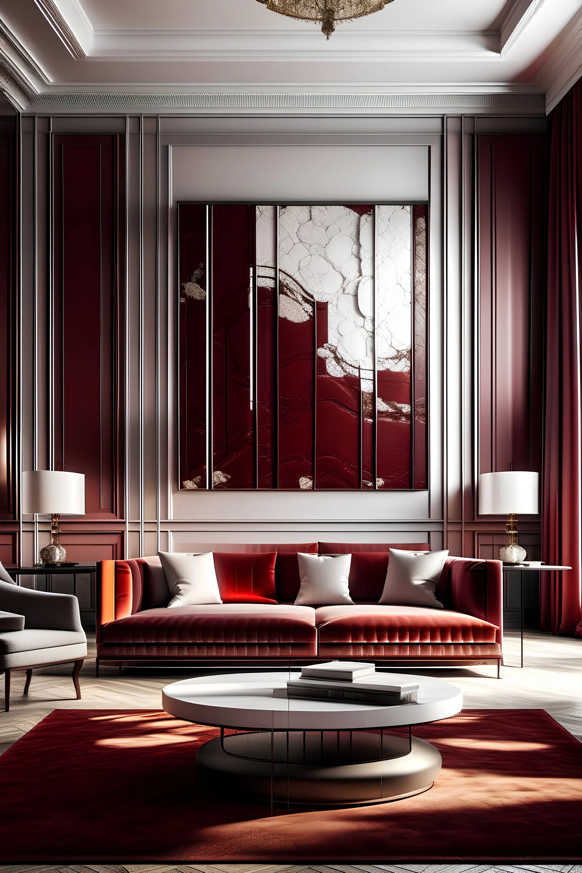 luxurious interior design with a sofa and armchair, large living room with sunlight, white wall panels, dark red wall covering and artwork sculpture
