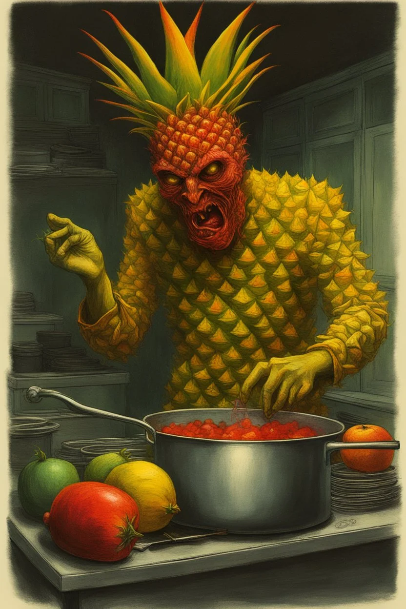 fever dream, yellow - red - green color scheme, hallucinatory color pen complex illustration, surreal lovecraftian pineapple man cooking in kitchen, dramatic volumetric lighting, splash art, concept art, noir, by Vladimir Kush assisted by Zdzislaw Beksinski, sinister, nightmarish