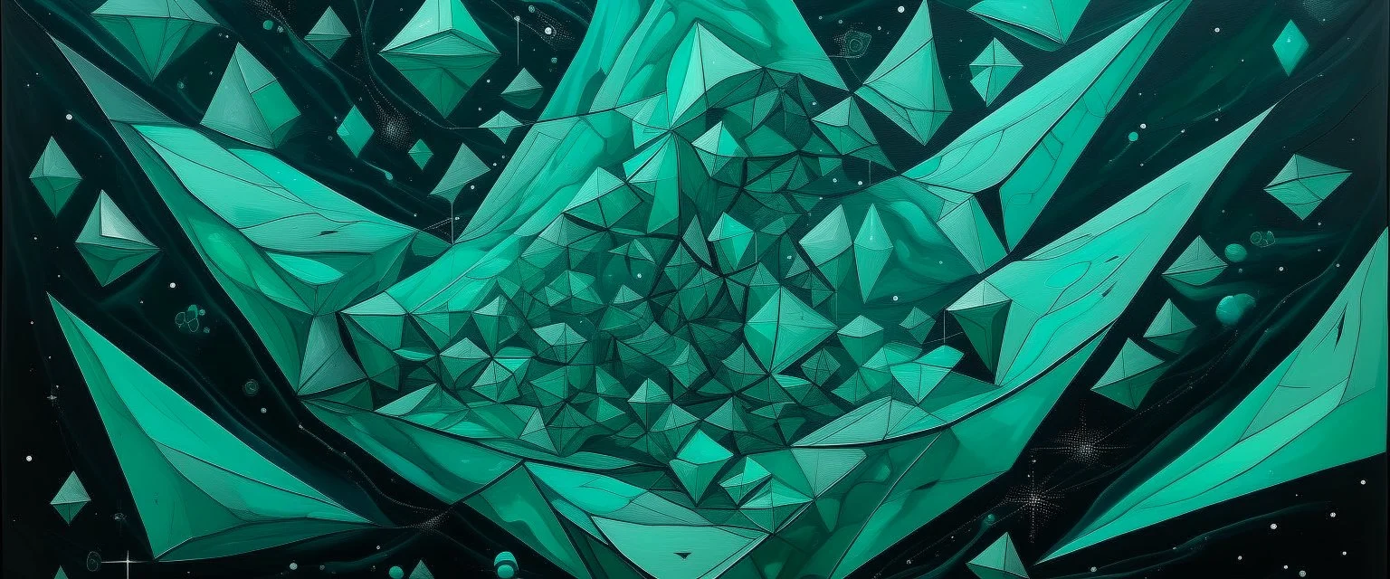 A dark mint colored chaotic dimensional galaxy painted by MC Escher