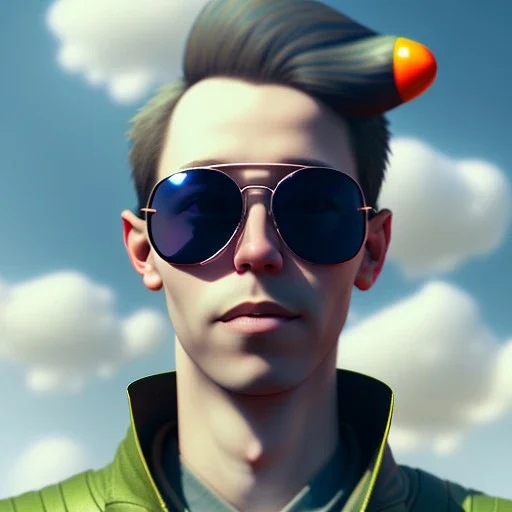 a man with sunglasses standing in front of a cloudy sky, a character portrait, by Miyazaki, flcl, old charismatic mechanic, subtle confident smile, in pilote, solarpunk human, defying gravity, pompadour, absolute chad, john carmack, daddy energy, gulf, beautiful singularities