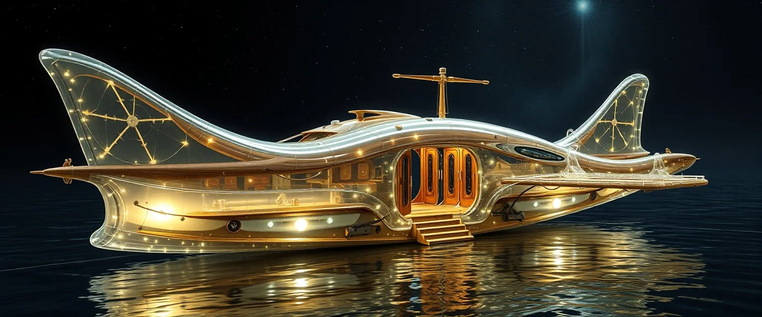 benign transparent superwood alien mega scifi katamaran boat with superwood draw bridge and wing doors