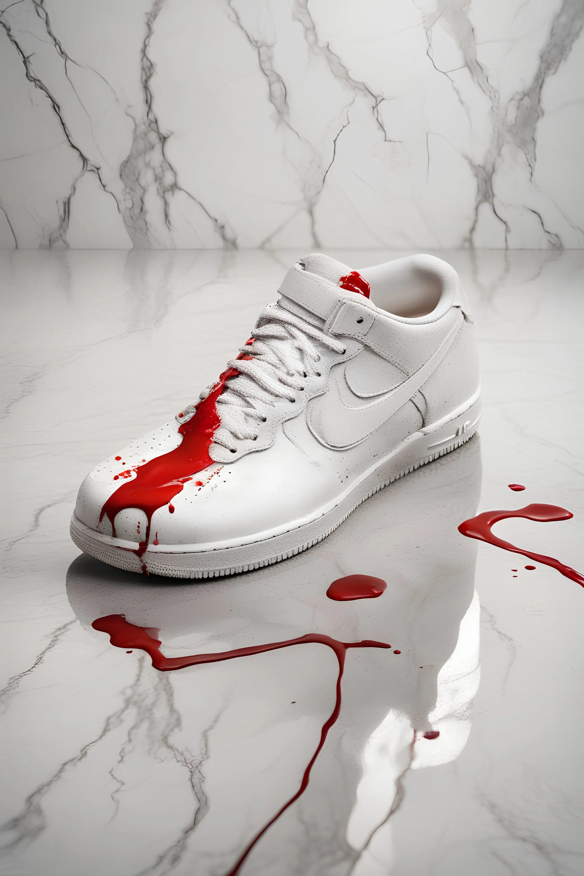 a one white air force 1 resting on the side dirty with red lipstick that drips on a white and grey marble floor , hyper realistic, 14K, Canon 24mm, wide lens