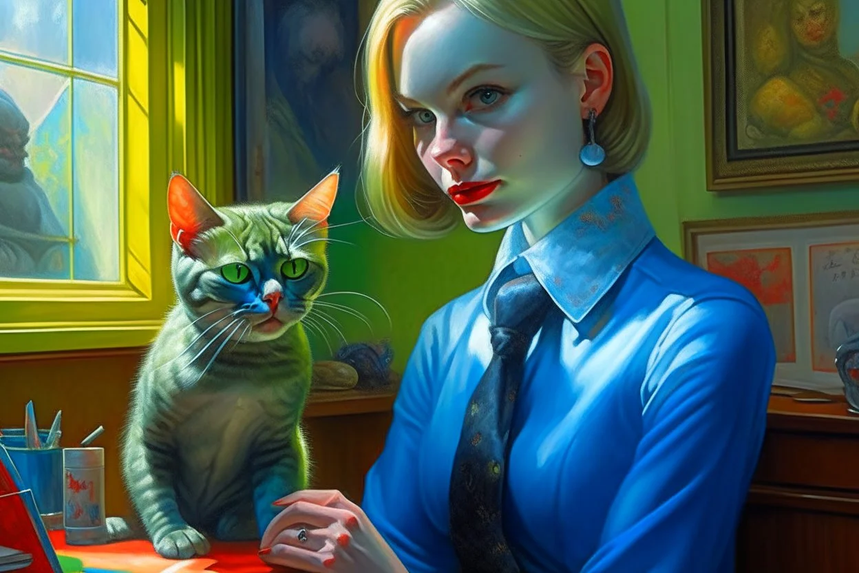 kitten girl secret agent joker in an office in sunshine, very detailed, oil painting