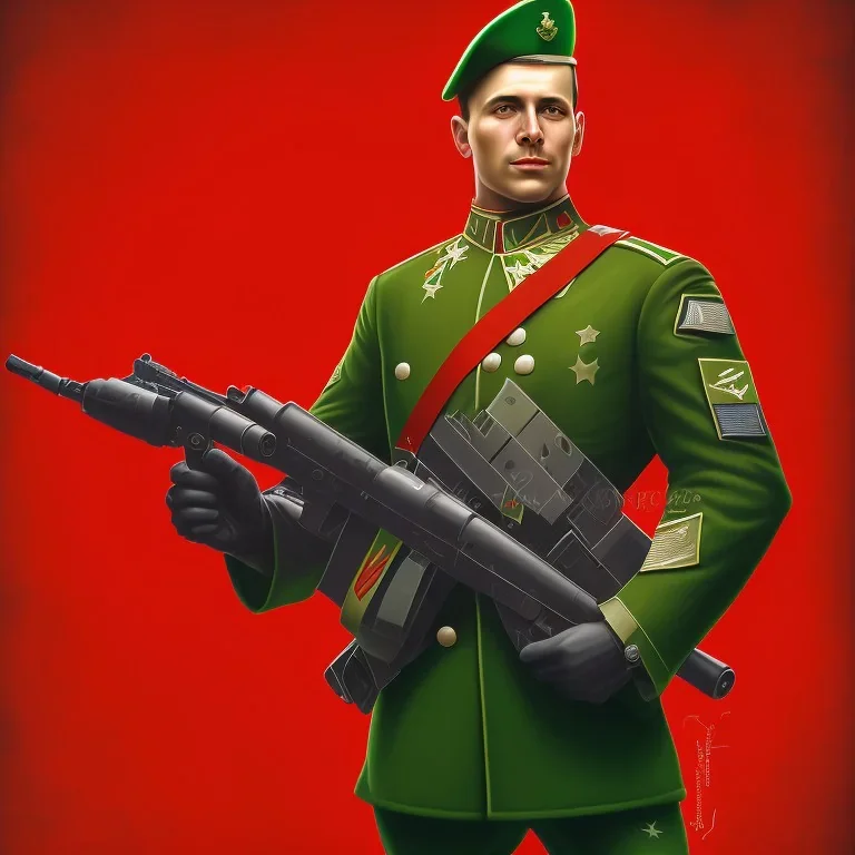 War propaganda of a patriotic soldier wearing green w red lights