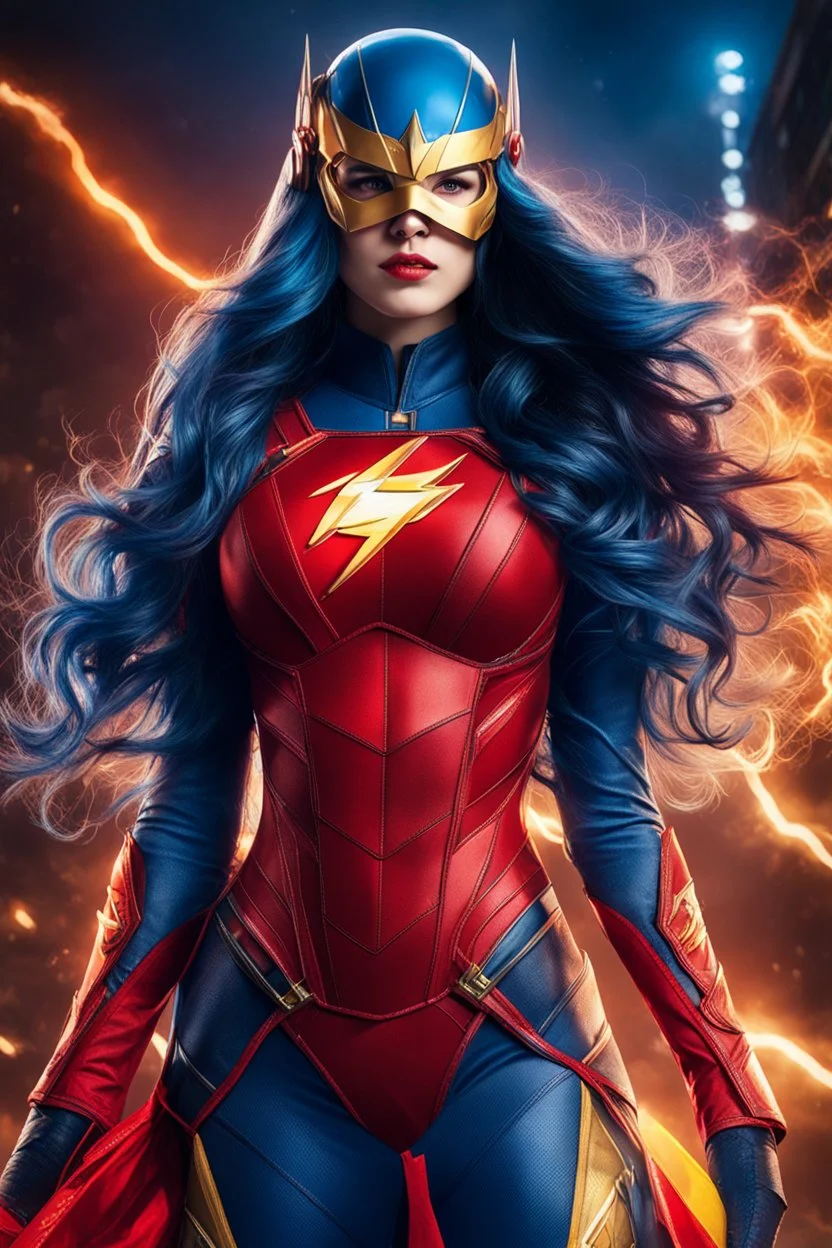 super pretty young woman, good body, very big bub, blue long haired, very red costume, red cosplay, yellow details, complete costume, helmet and mask, female stylized, woman lines, "the Flash" design inspiration, darknight sky background, intrincate details, high a.i. perseption, nano tecnology, lights, high quality picture, renderizing, front view angle.