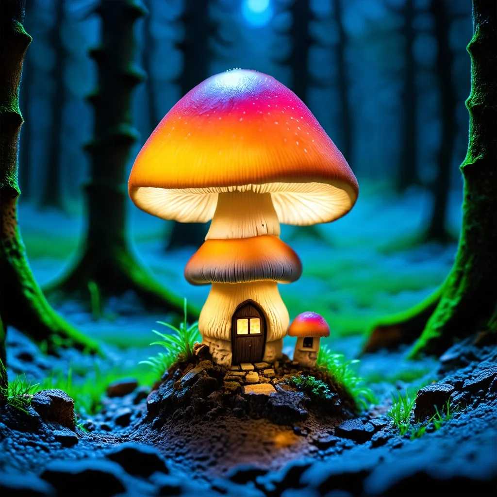 "Close up of a wonderful tiny Mushroom Tower home. orange and magenta with bright white, deep black and contrasting tones of gray. Illuminated bioluminescent forest. Professional painter, master at composition. small but detailed. broken, blurred background, voluminous lighting"