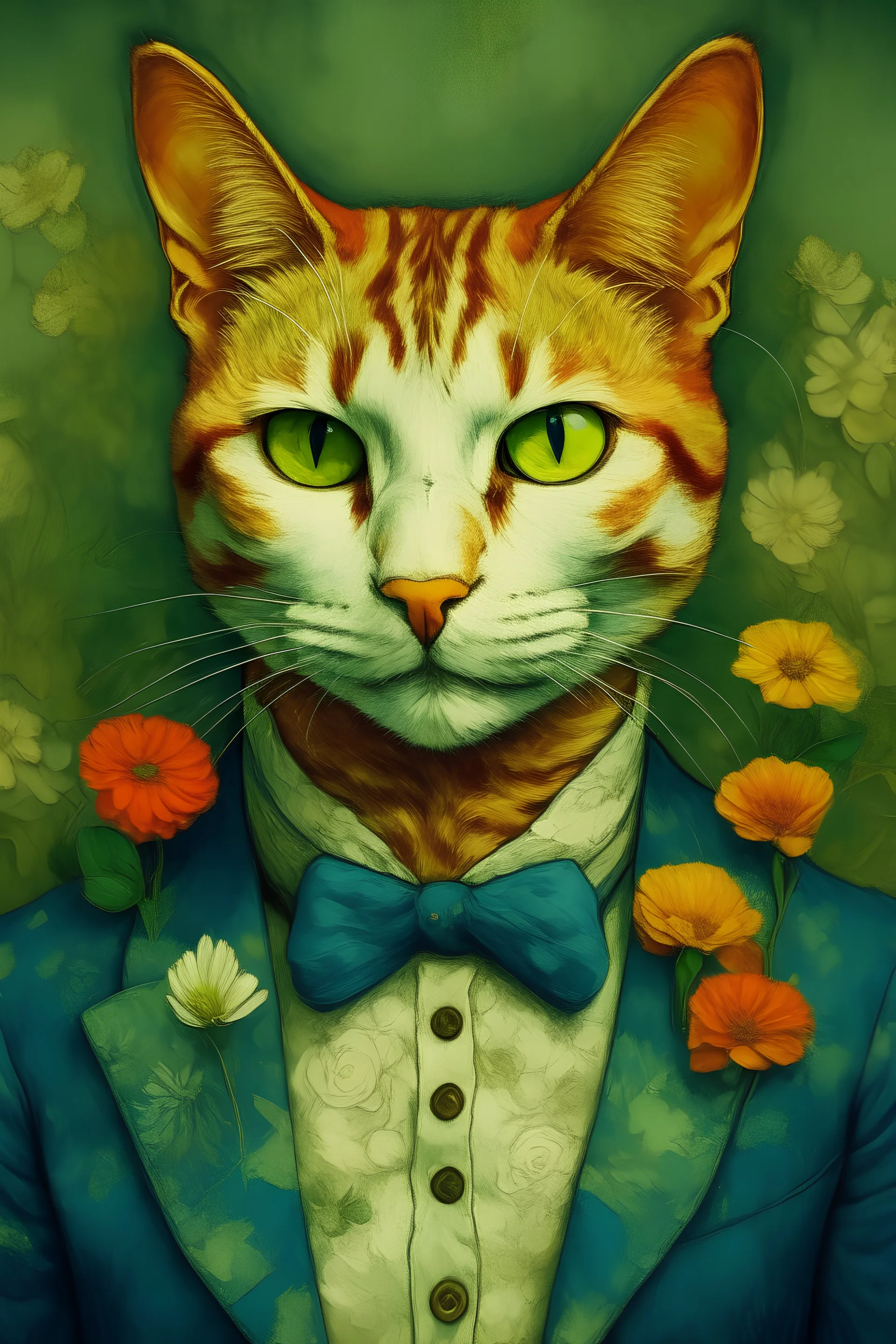 simp cat face on man body , Vincent van Gogh style, with flowers