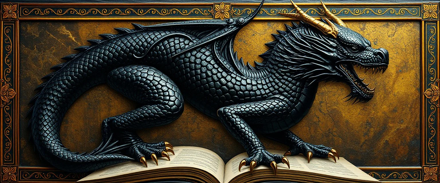master oil painting by Escher and Giger, ancient library book obsidian black dragon and gold, master 3d models