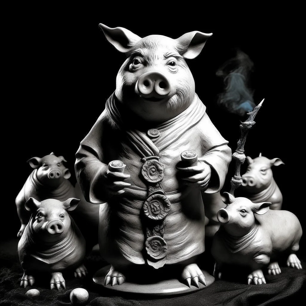 a statuette of a unholy pig-man cult greyscale photo