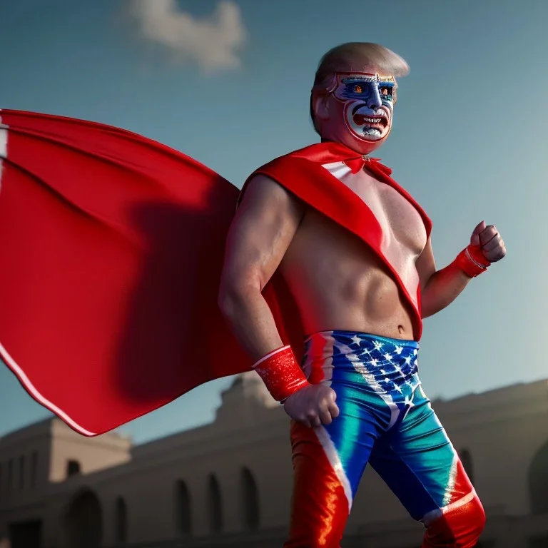 realistic image of donald trump as a mexican wrestling fighter posing outdoors, Mexican eyes wrestling mask, red and blue breeches, confederate flag cape, retro style, 80s, vibrant color, highly detailed, sky background, concept art, unreal engine 5, god rays, ray tracing, RTX, lumen lighting, ultra detail, volumetric lighting, 3d, finely drawn, high definition, high resolution.