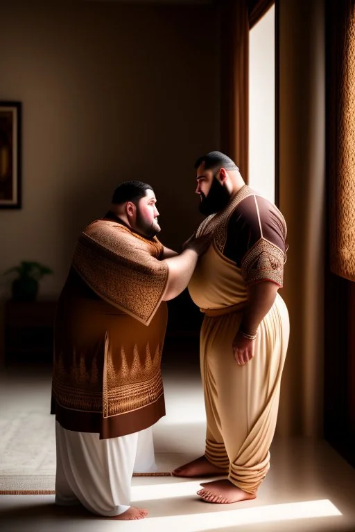 close up photography of a Burly arab 26 year old stocky short chubby man on his knees, short beard, dressed in an brown economic traditional caftan with pants and sandals, photorealistic, ambient occlusion, in a simple living room, ambient occlusion, side view from the bottom