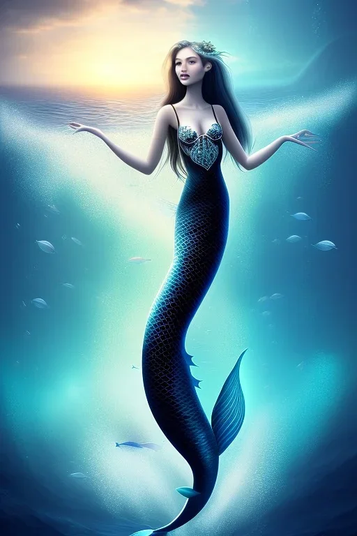 black long hair mermaid with white top in the ocean