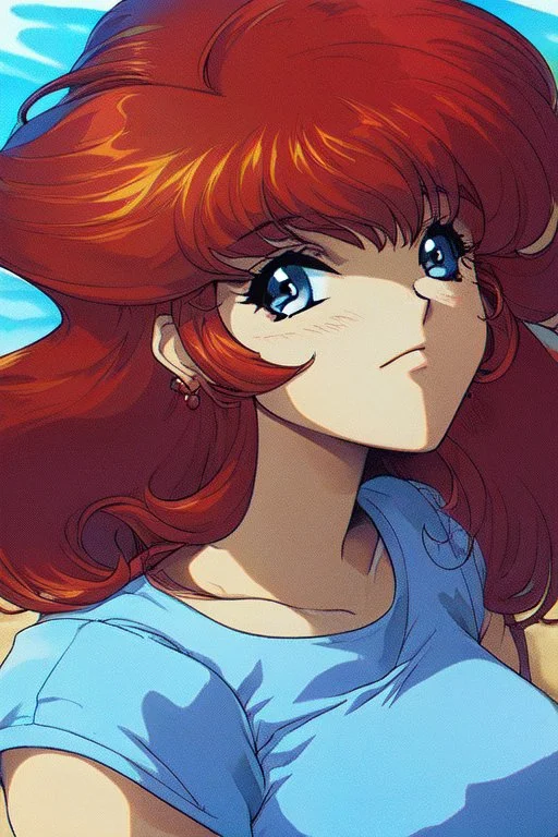 1girl, retro anime, 80's, redhead,portrait, synth-wave, beach