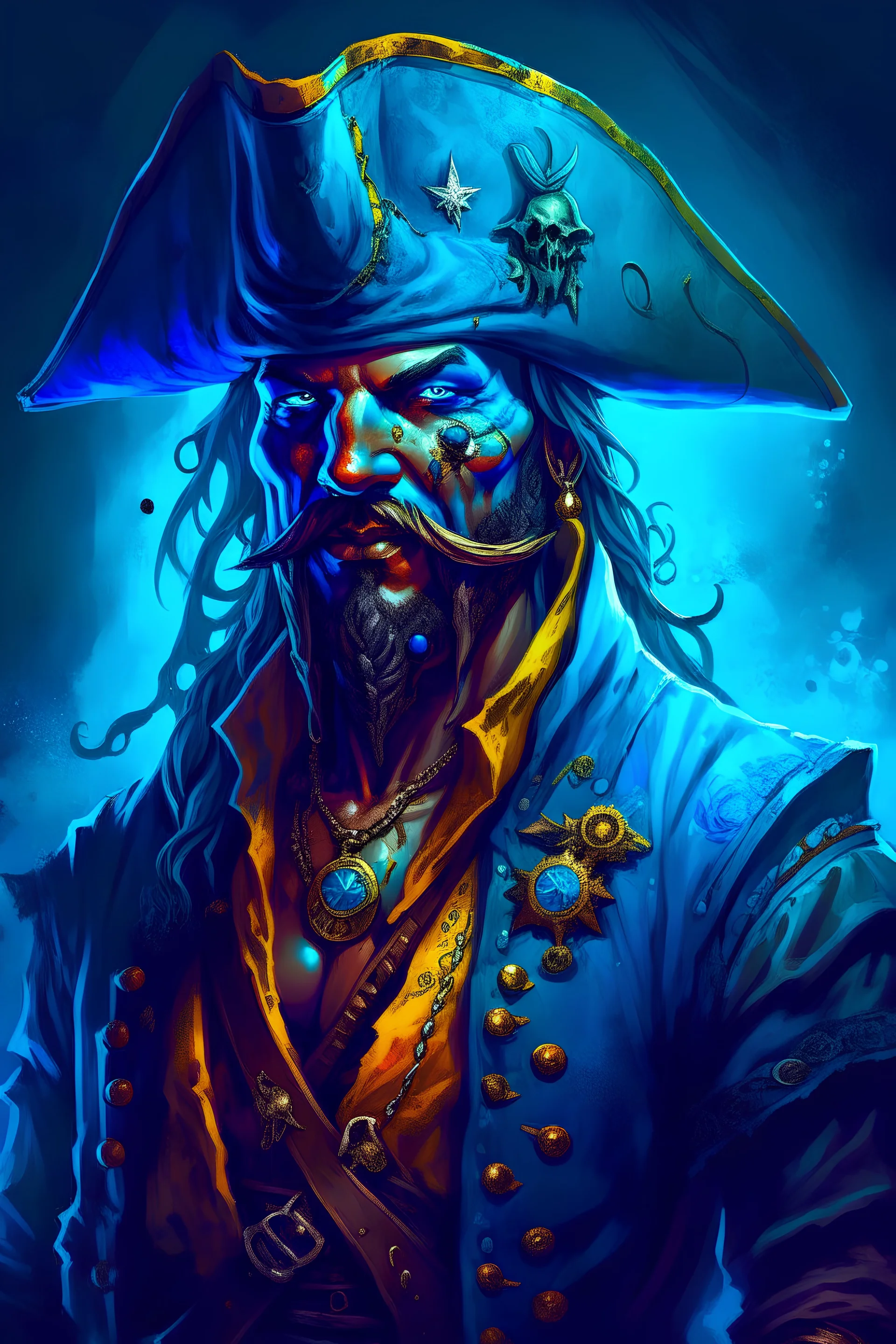 A blue-skinned, rugged pirate, digital art, fantasy