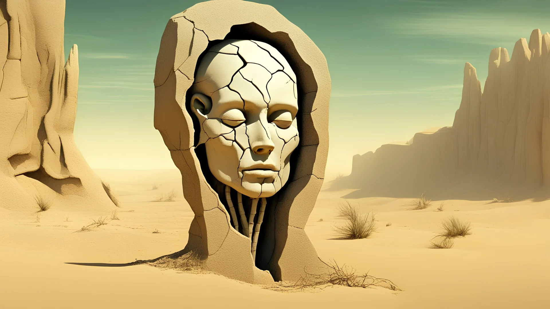 Skin bones stone face, desert environment, a forest can be seen through a hole in the side of the head, cracks and peeling in the face, a brain from another time, a portal to the distant future Surrealism and abstraction