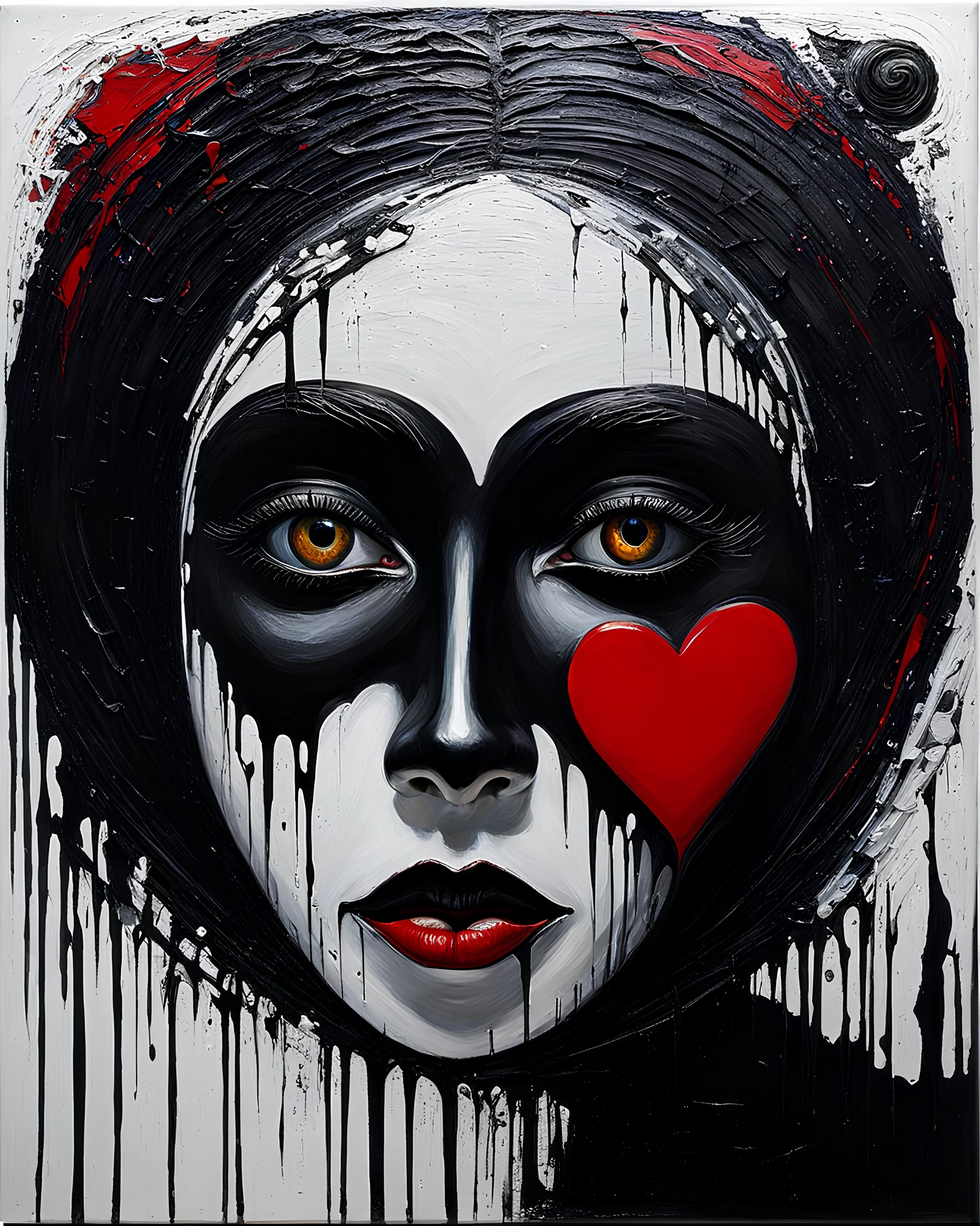 Black heart and face and blood and oil paints by Hans Richter; romantic-impressionism expressionist style oil painting,-impressionist impasto acrylic painting, thick layers of black textured paint,ultra reality,bright colors,8k,thick white paint,silver and white,Free will is a black herring; Klimt; Hundertwasser; controversial; stupendous; transcendent,