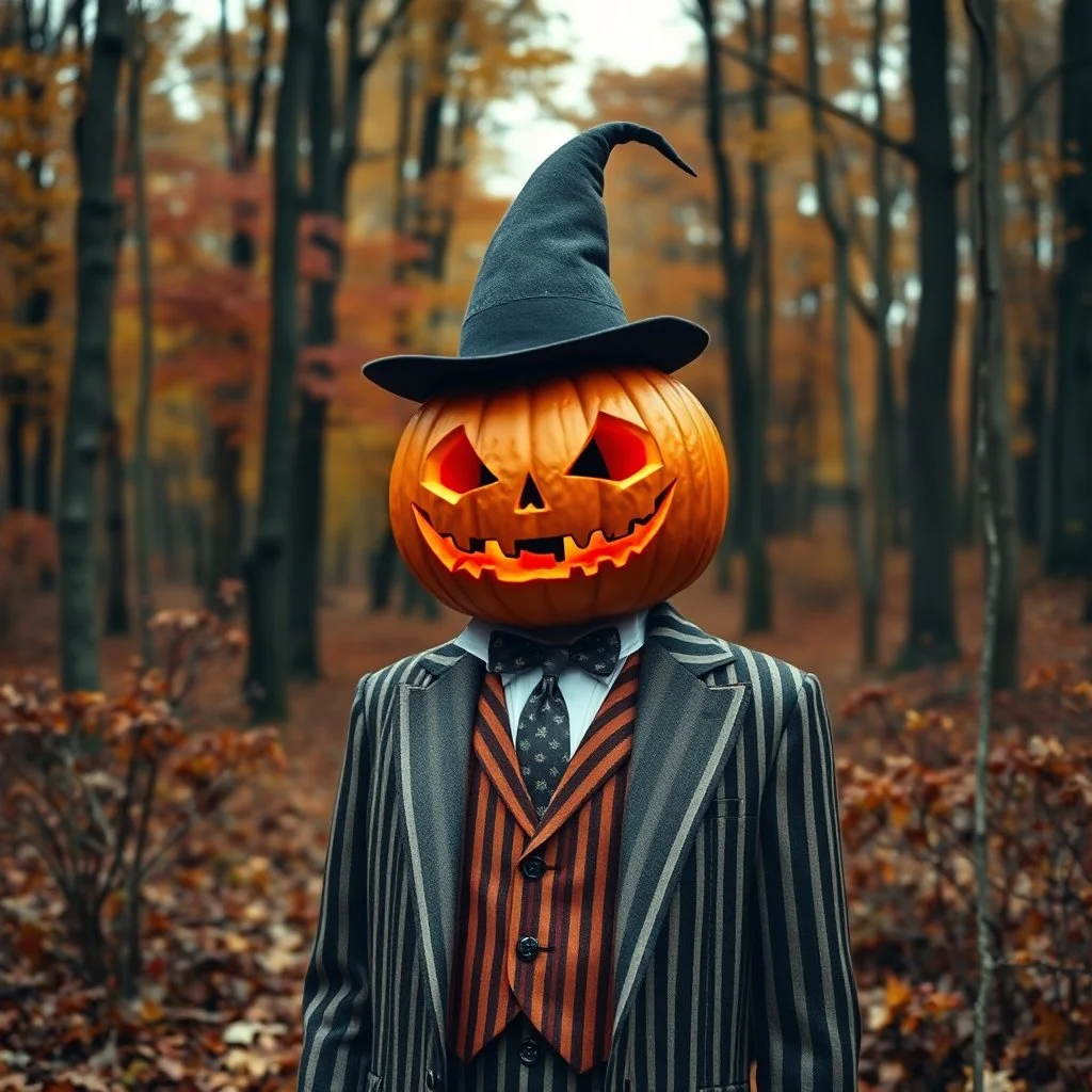 Pumpkin king in 1920s suit in an autumn forest spooky