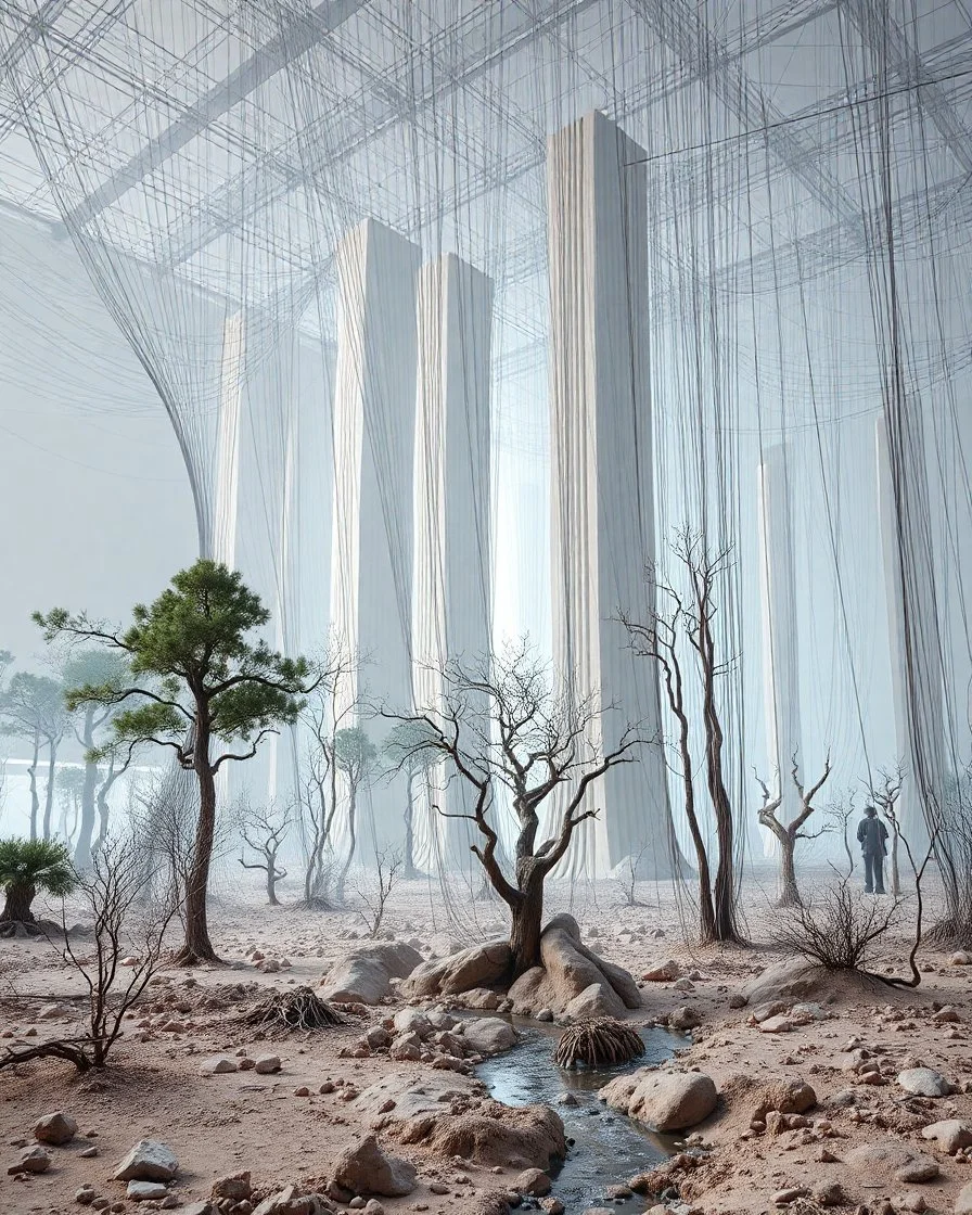 Photograph, a mass of wires, giant museum space, trees, pillars, high walls, high towers in a room, rag, powder, brook, sediments, deflagration of the background, geological formation, light, architecture, minimalist, details of the terrain very accentuated, 8k, deep 3d field, sharp, brutalist, hasselblad h6d400c --ar 85:128 --v 6.0