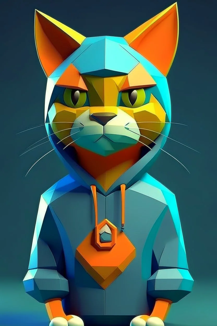 low poly playstation 1 chracter of a happy cat in a hoodie witha retro gam on the hoodie