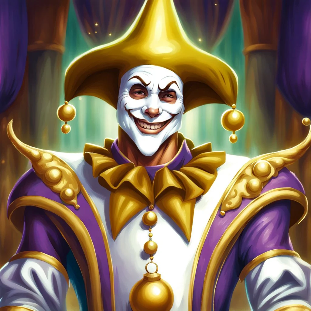 fantasy 90's tcg art of a heroic happy male jester wearing a white mask and golden costume