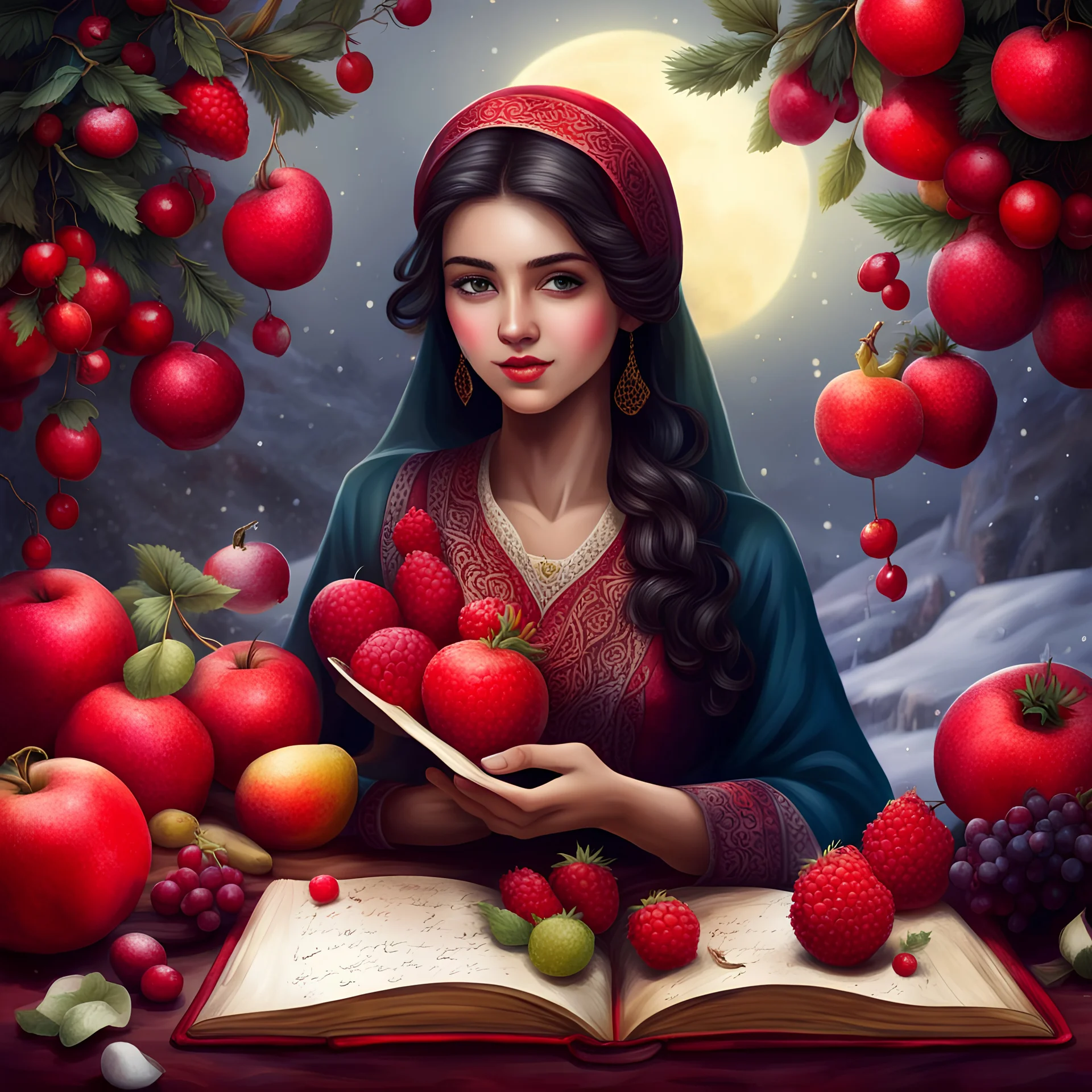 yalda night ,add hafez book, and winter fruits ,beautiful girl. with bekiny