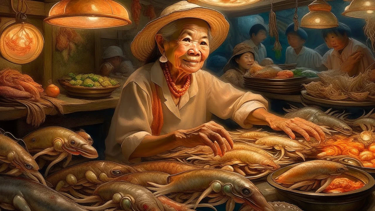 Realistic oil painting of an elderly Asian female fishmonger wearing a straw hat, surrounded by an assortment of fish and seafood, such as snapper, crab, and squid, with exceptional attention to the intricate details of their scales, shells, and tentacles, all illuminated by the warm, golden glow of hanging light fixtures, creating a vibrant and captivating tableau.