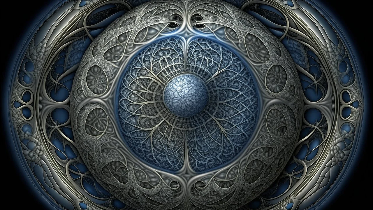 A fractal art piece featuring a complex, spherical structure with intricate, repetitive patterns. The color palette is dominated by shades of blue and gray, giving the piece a metallic or stone-like appearance. The structure is adorned with numerous small, detailed elements that create a sense of depth and texture. The lighting is soft and diffused, highlighting the contours and details of the fractal. The overall composition is dense and visually engaging, inviting the viewer to explore the int