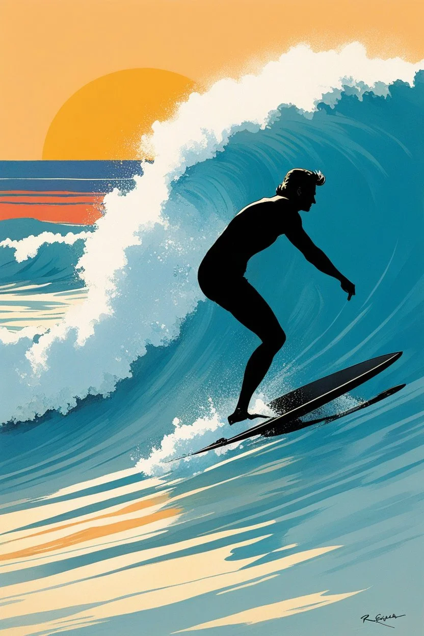 [surf illustration by rené gruau] À l’aube, je me lève, Vers La Piste, la planche sous le bras, Sur la vague, je me lève aussi, Une, deux, trois fois, je vole.