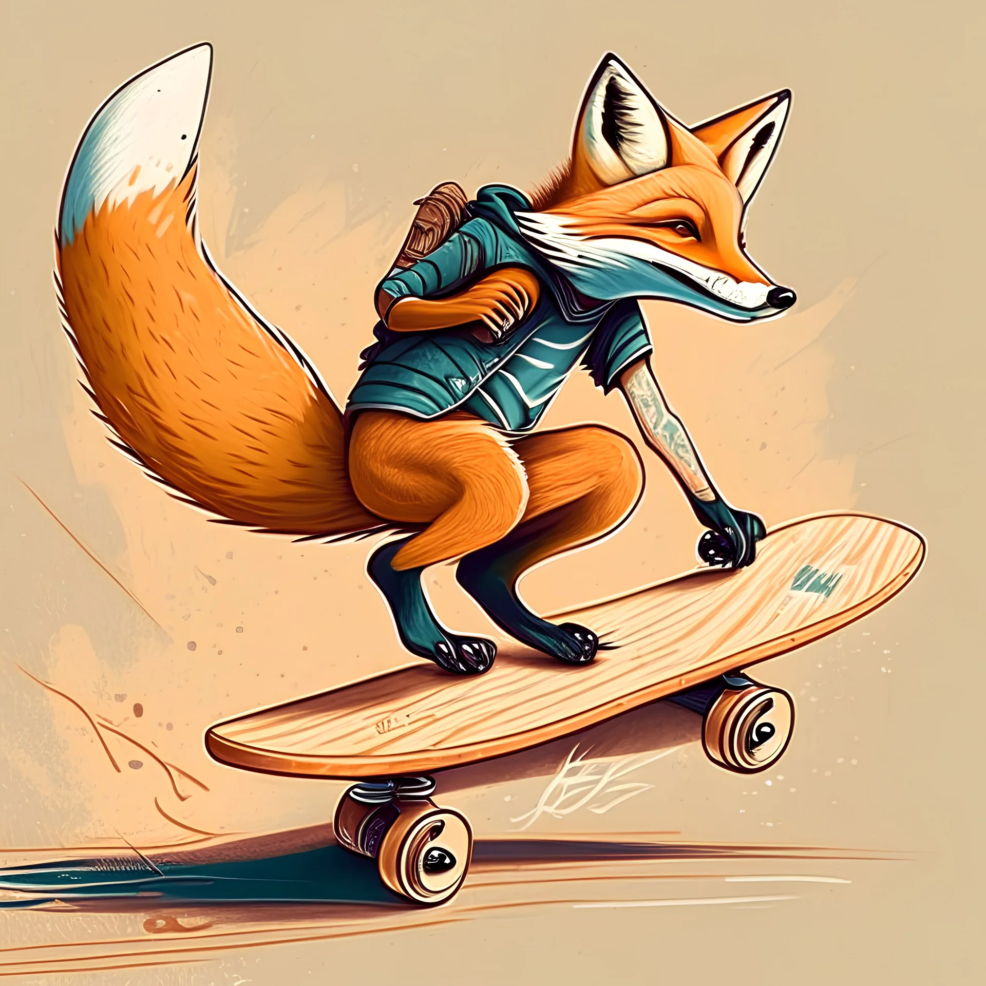 illustration, fox riding a skateboard