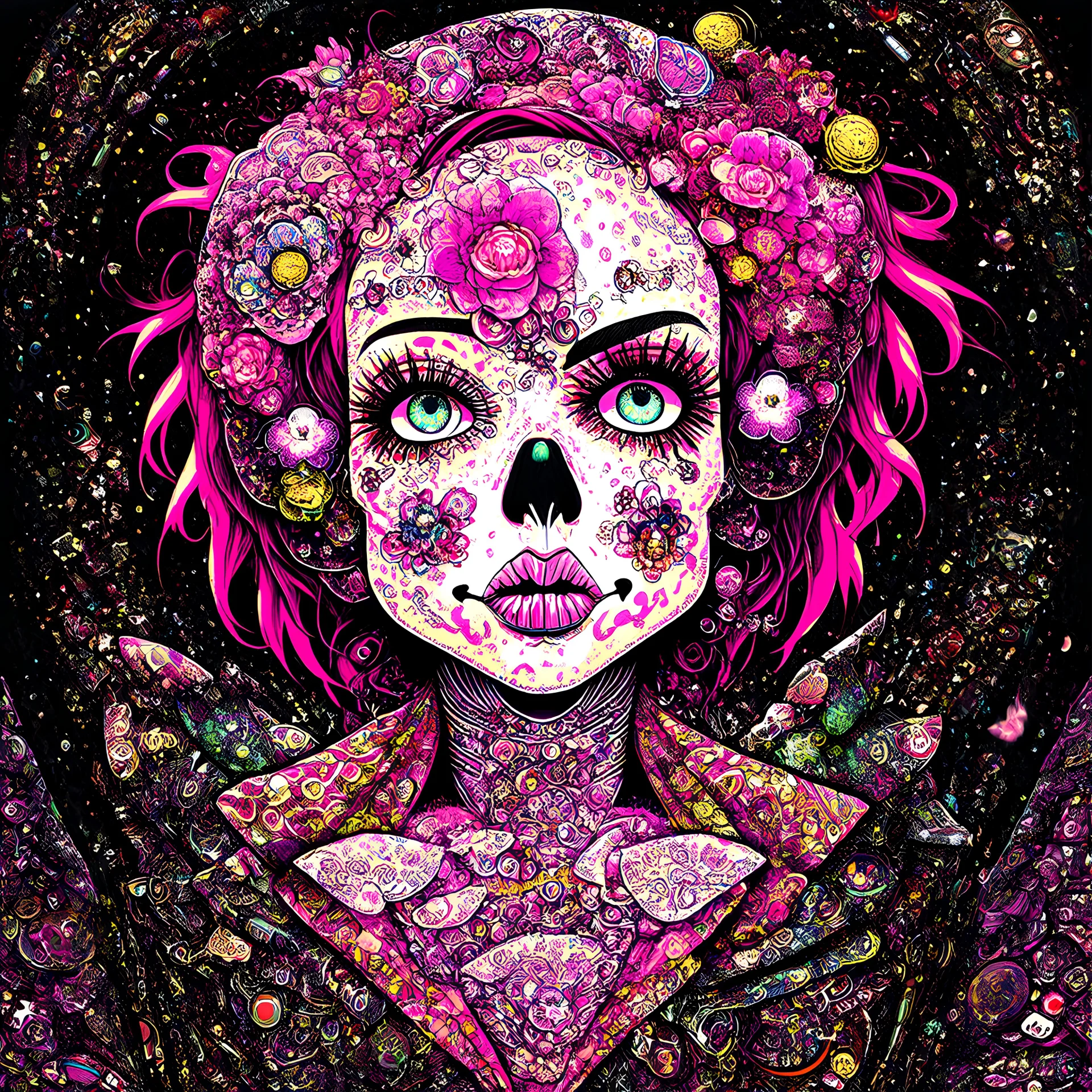 A clean dark background image modern punk in the style of takashi murakami pink highly detailed