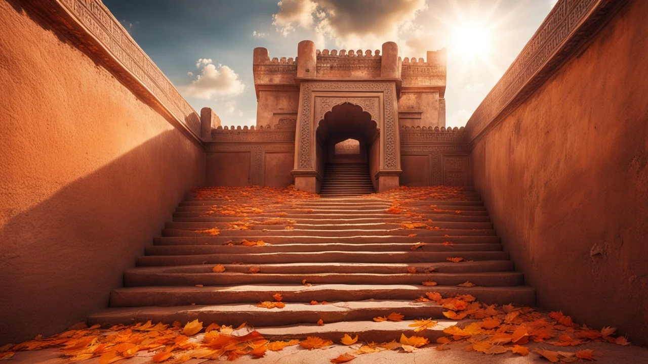 Hyper Realistic Photographic Wide-angle-Beautiful-Staircase Of A Huge-Detailed-Crafted-Rajasthani-Fort In An Autumn Season with dried Orange Leaves on the land with cloudy-sunrays behind the fort showing dramatic & cinematic ambiance.