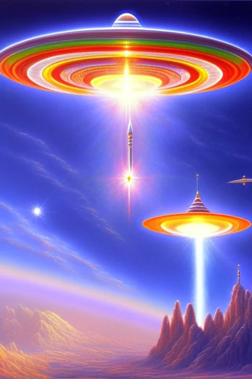 Very beautiful ufo rainbow futurist, intergalactic, mother ship, ashtar command, interdimensionnal