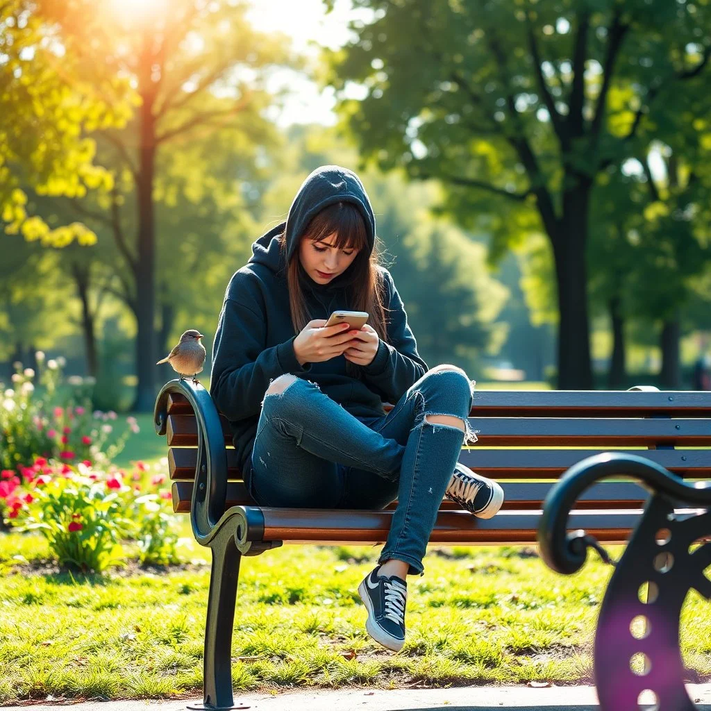 warm sunny day in a city verdant park in middle of summer with flowers blooming, modern emo teen girl with ripped jeans and a dark hoodie is sitting criss-crossed legs on bench with her head buried in her cell phone, sun glare, songbird perched on bench armrest, stunning, warm atmosphere