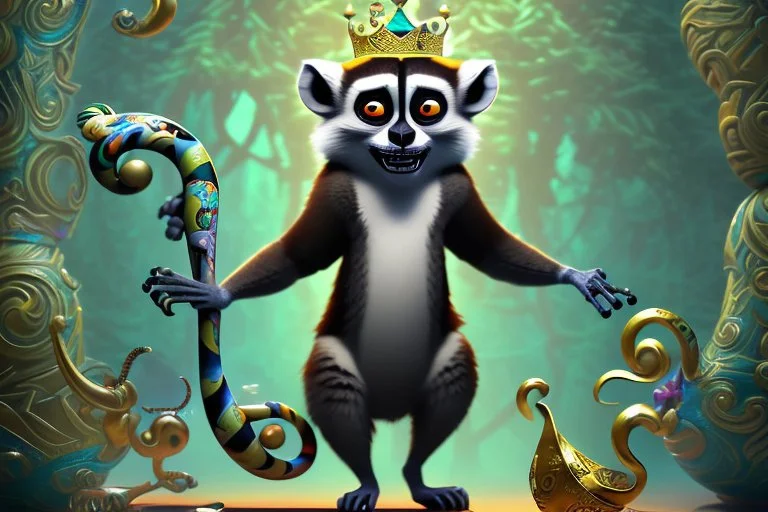 surreal, vibrant digital artwork featuring king Julien the lemur dancing with his tail held up high, with intricate abstract patterns and motifs swirling around them. striking facial features, wearing a crown made of skulls. dancing to "you gota to move it" in Disney style Madagascar