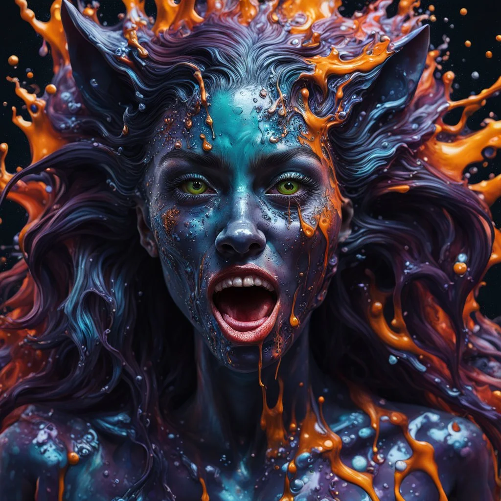 Unsplash art, a quirky liquid portrait of a hauntingly beautiful dark werewolf woman, splash style of paint, Pixar style, Halloween colors, hyper detailed intricately detailed, fantastical, intricate detail, splash screen, liquid, gooey, slime, splashy, fantasy, concept art, 8k resolution, masterpiece, melting, complex background, intricate detailed, dark colors, fantasy, concept art, digital art, intricate, oil on canvas, masterpiece, expert, insanely detailed, 4k resolution.